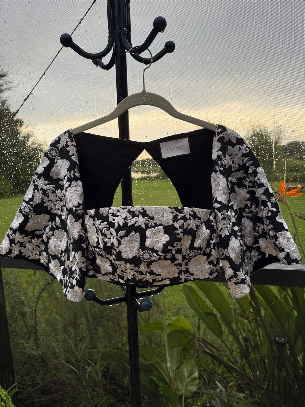 Alexis Black and White Floral Brocade Crop Top with Open Back